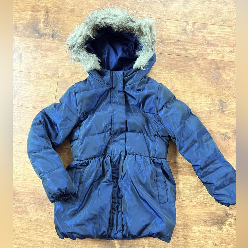 Gap Girls Warmest Iridescent Blue Fur Hood Down Puffer Jacket size 8